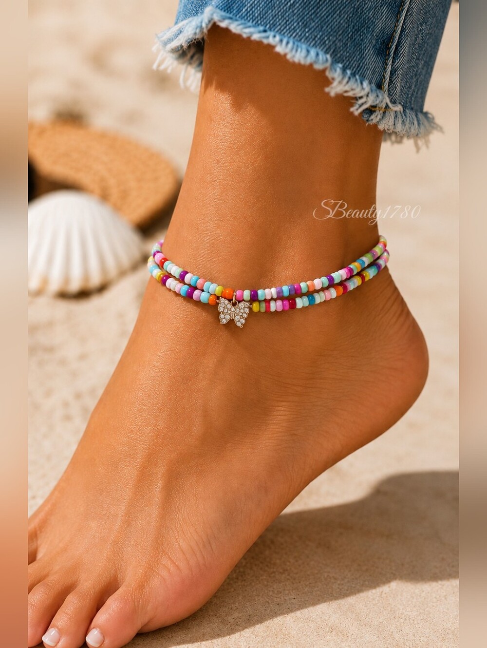 Colorful Rainbow Butterfly Beaded Anklet | Summer Beach Jewelry | Stretch Fit
